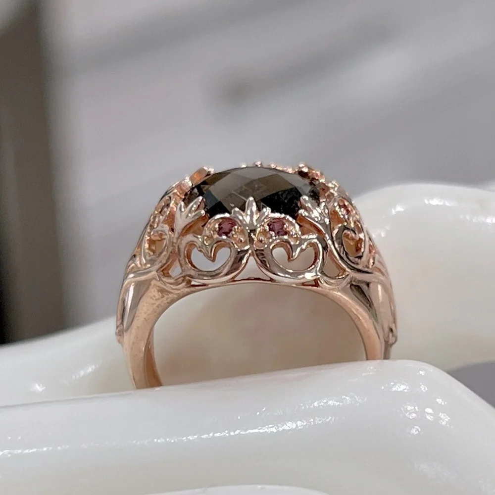 Brazilian Smoky Quartz Orissa Rhodolite Garnet 14K RG Sterling Silver Ring Sz 8